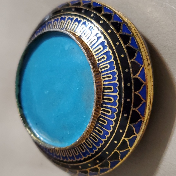 Cloisonné Vintage Enamel Brass Round Ring Pill Trinket Box Lotus Flower  Blue - Picture 8 of 9